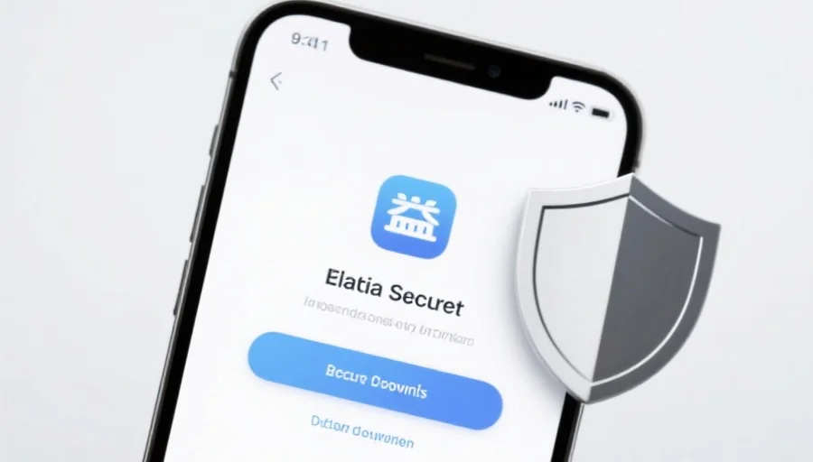 一部现代智能手机屏幕上显示新币2应用的安全下载界面,旁边有安全盾牌图标,背景简洁