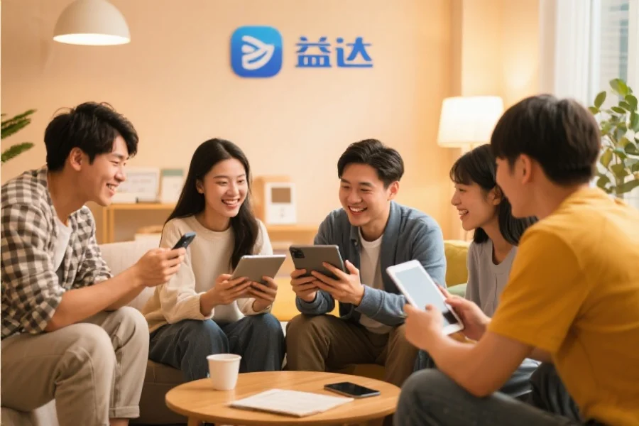 一群年轻用户围坐在一起，使用平板和手机愉快地交流，背景温馨现代，象征新币2应用的社区活跃氛围